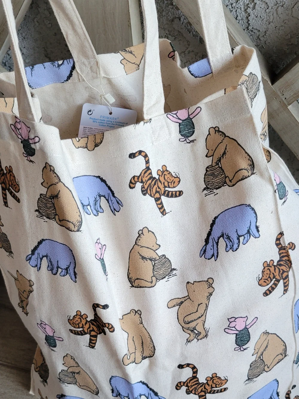 Primark Winnie the Pooh Canvas Tote Bag in Cream with Pastel Prints